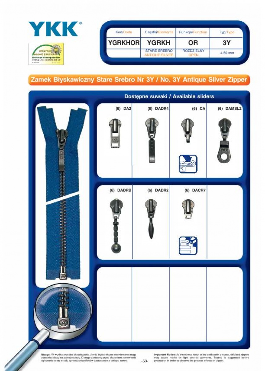 No. 3Y Antique Silver Zipper